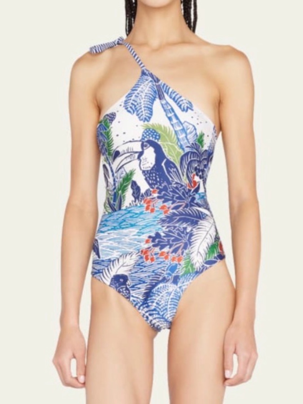 Farm Rio One-Shoulder Tropical Print Swimsuit in Blue and White